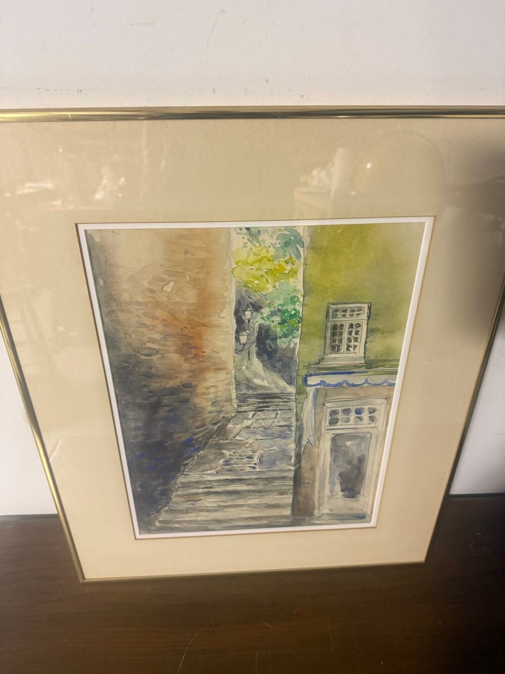 Framed Watercolor Painting Narrow European Alleyway w Stone steps 23.25X19.25"